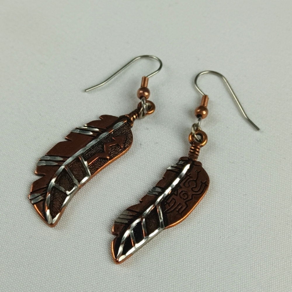 Copper And Steel Feather Design Earrings.